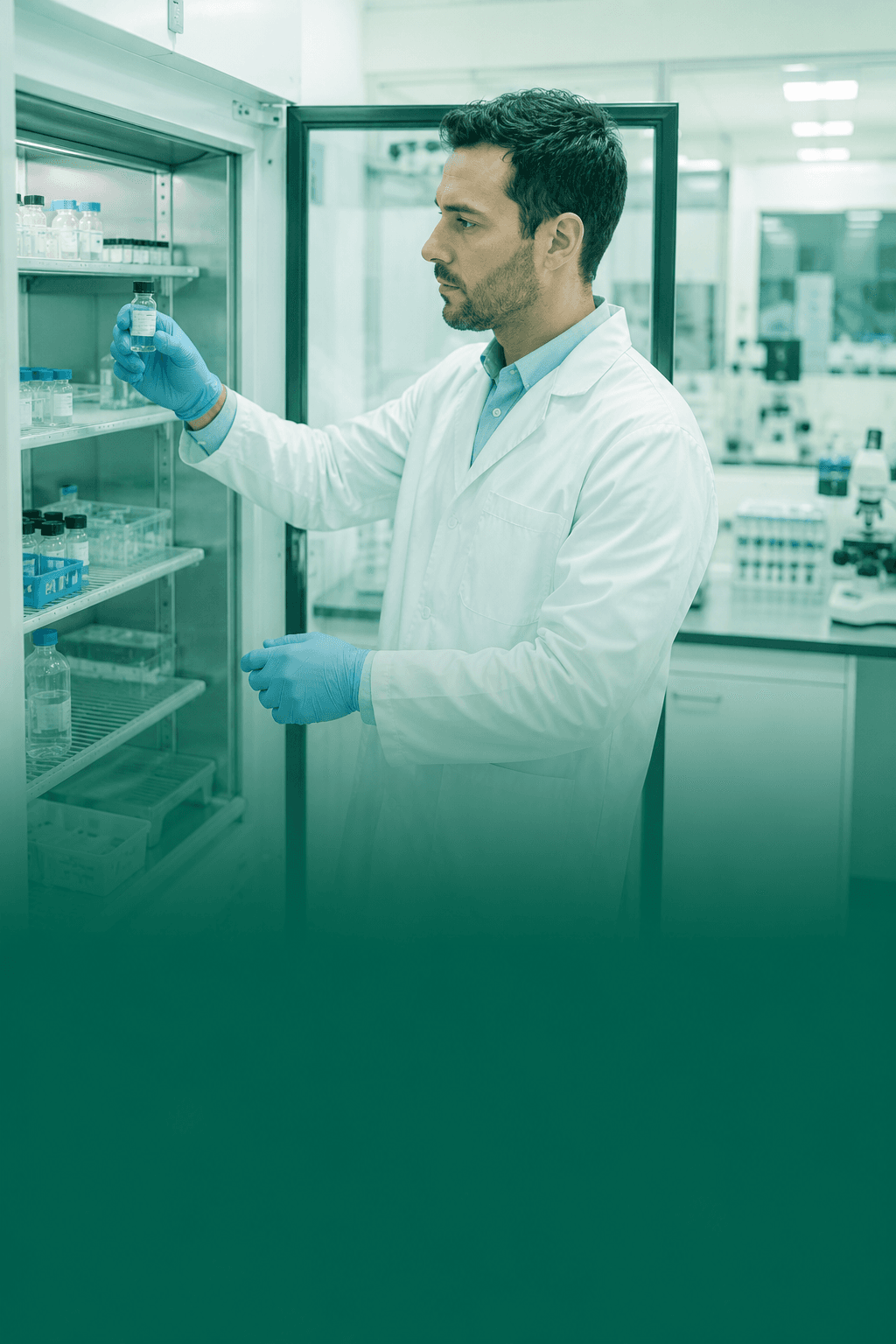 Researcher retrieving a vial from a medical-grade refrigerator
